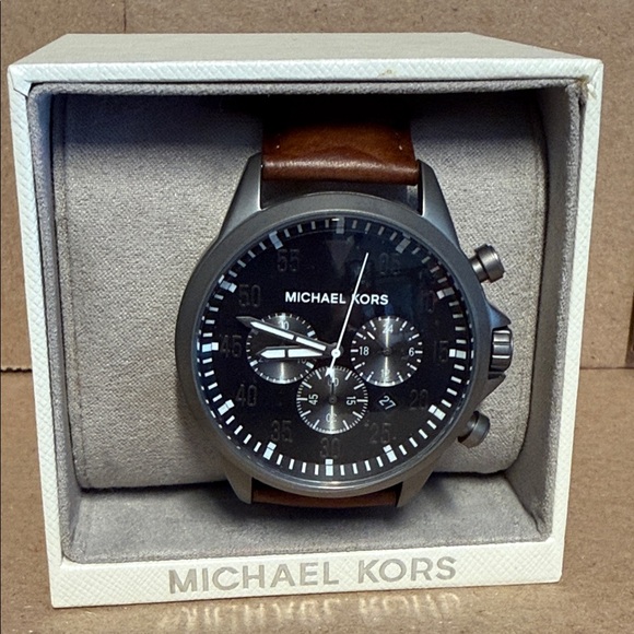 Michael Kors Black Dial with Brown Leather Strap Watch